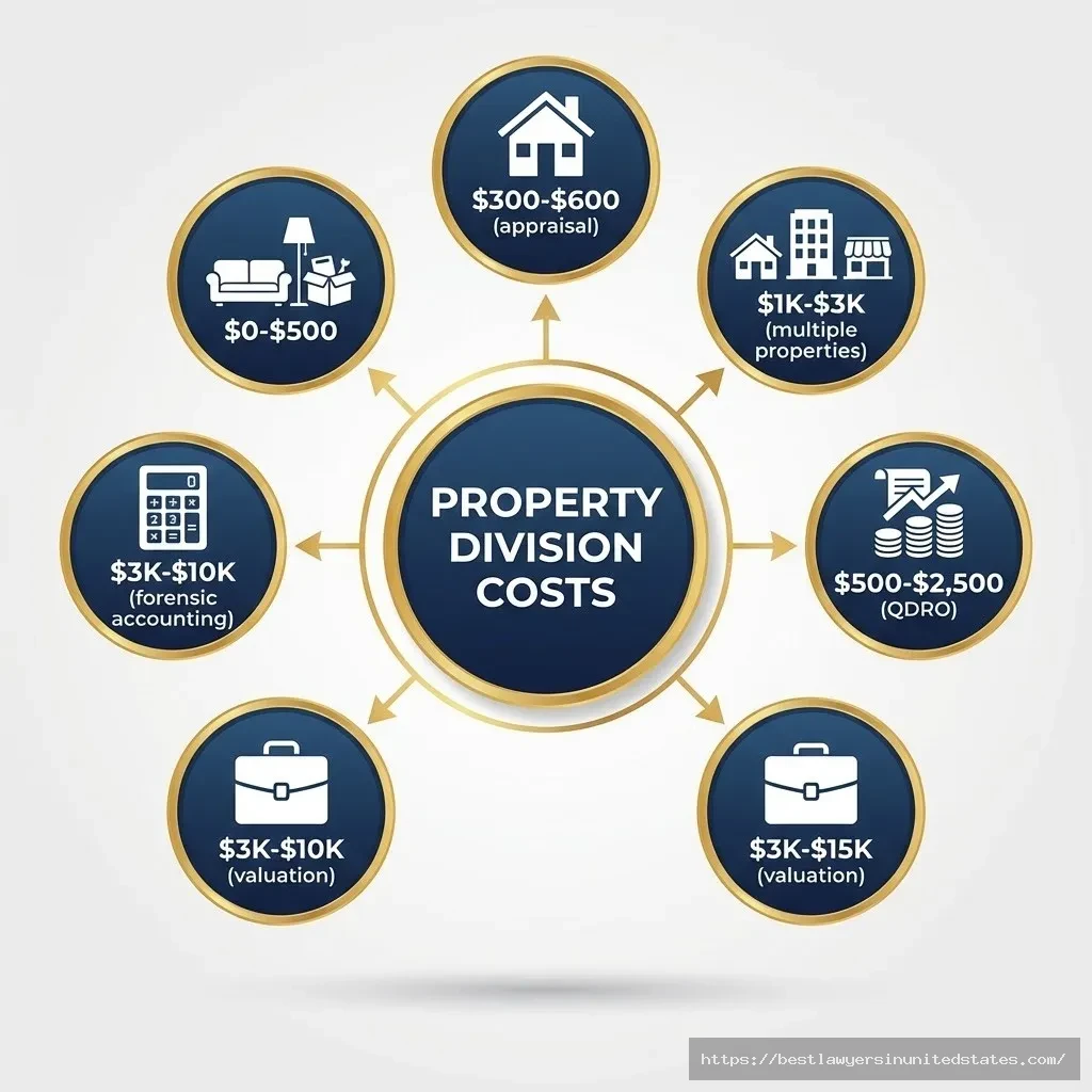 Circular diagram showing six property division cost factors in North Dakota divorce ranging from $0 to $15,000