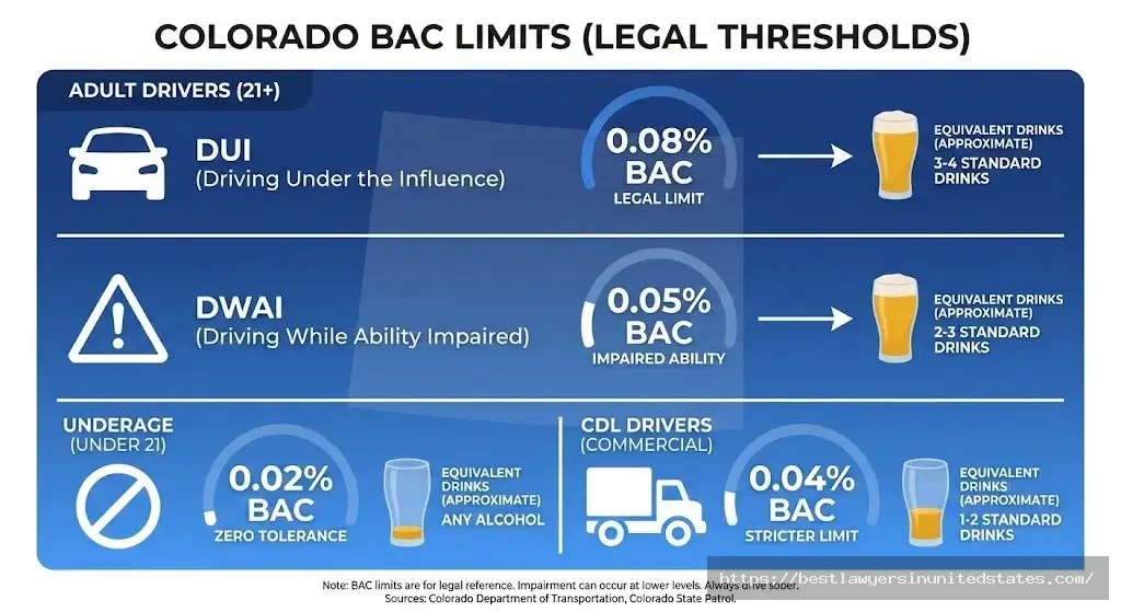 Colorado BAC legal limits chart showing 0.08% for adults, 0.05% DWAI, 0.02% underage, 0.04% CDL drivers