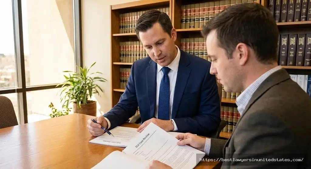 Colorado DUI attorney consulting with client reviewing case documents in professional law office