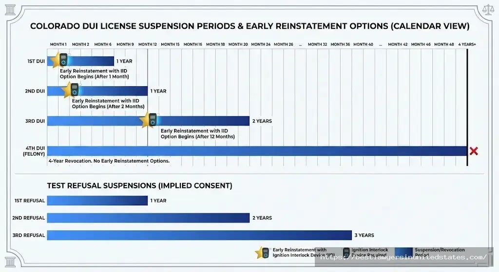 Colorado DUI license suspension timeline showing 9 months for 1st offense up to 4 years for felony DUI