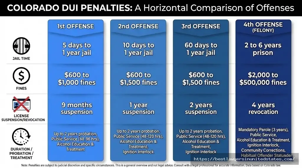 Colorado DUI penalty comparison showing jail time, fines, and license suspension for 1st through 4th offenses