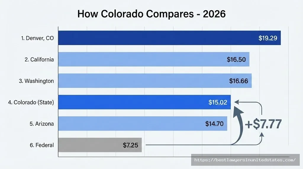 Colorado minimum wage $15.02 compared to California Washington Arizona and federal rates 2026