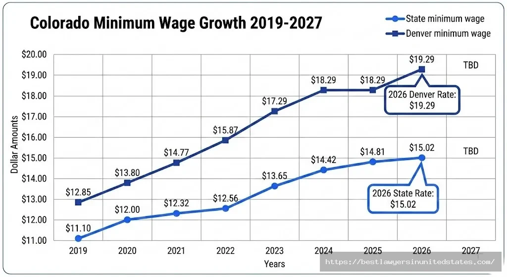 Colorado minimum wage increase history 2019 to 2027 state and Denver rates timeline