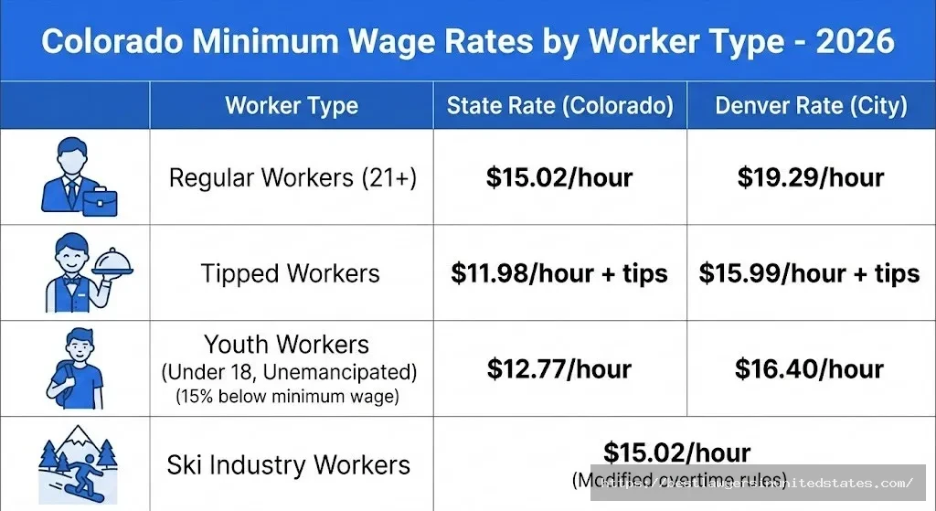 Colorado minimum wage rates by worker type tipped youth ski industry 2026