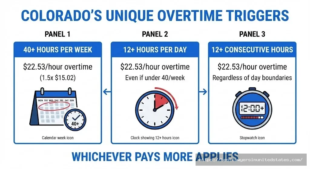 Colorado overtime pay rules three triggers 40 hours weekly 12 hours daily calculation