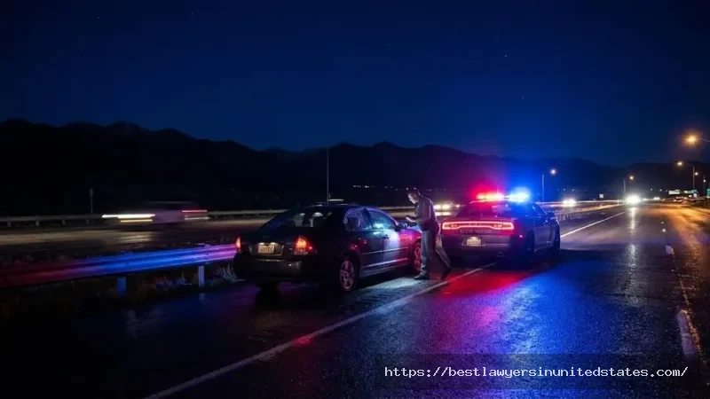Colorado police officer conducting DUI traffic stop at night on highway with mountain backdrop