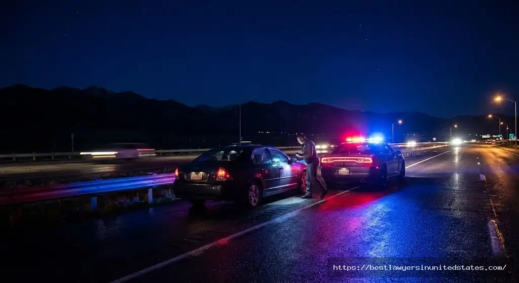 Colorado police officer conducting DUI traffic stop at night on highway with mountain backdrop