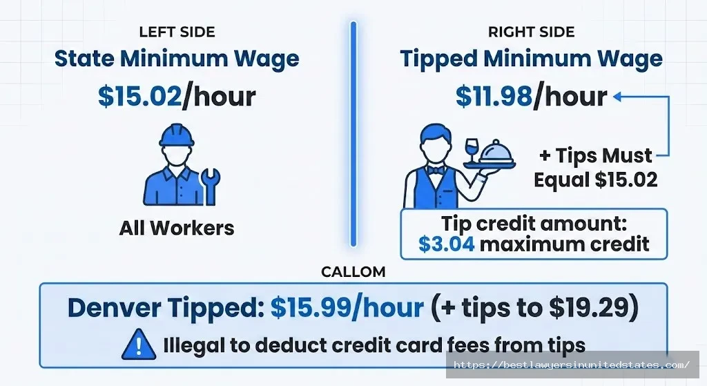 Colorado tipped minimum wage $11.98 versus regular $15.02 with tip credit rules
