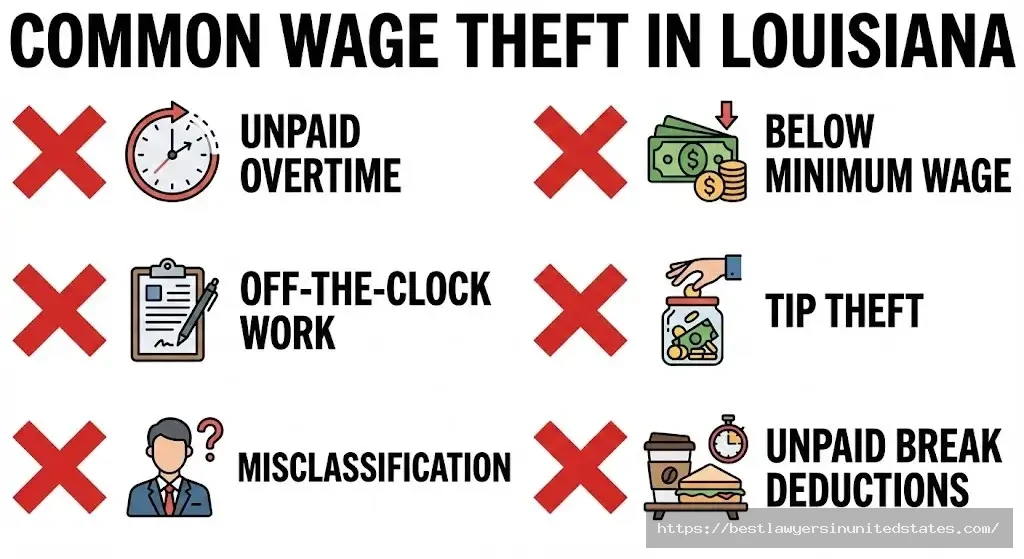 Common Louisiana wage theft violations including unpaid overtime and tip theft
