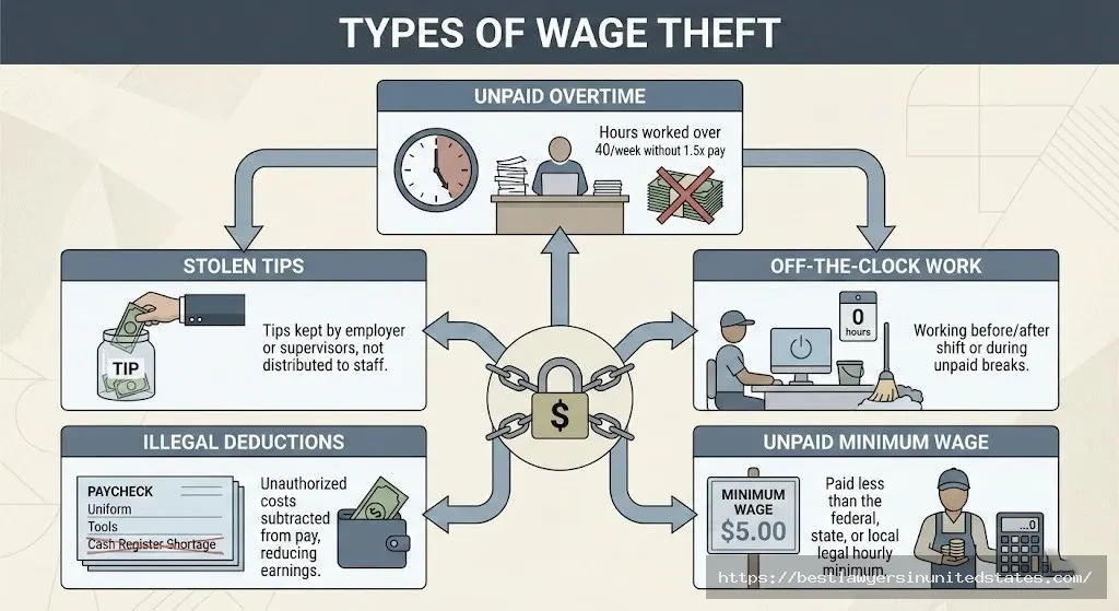 Common types of wage theft including unpaid overtime and stolen tips