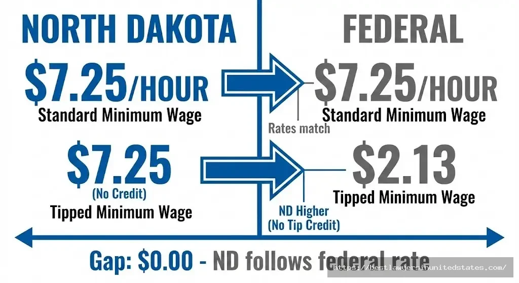Comparison chart of North Dakota minimum wage versus federal minimum wage rates for 2026