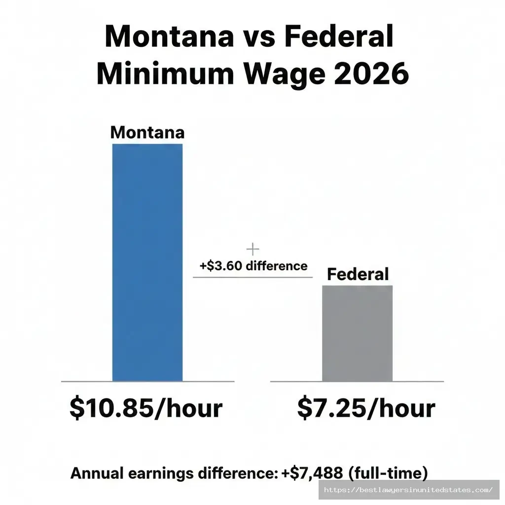 Comparison chart showing Montana minimum wage $10.85 versus federal minimum wage $7.25 with $3.60 difference