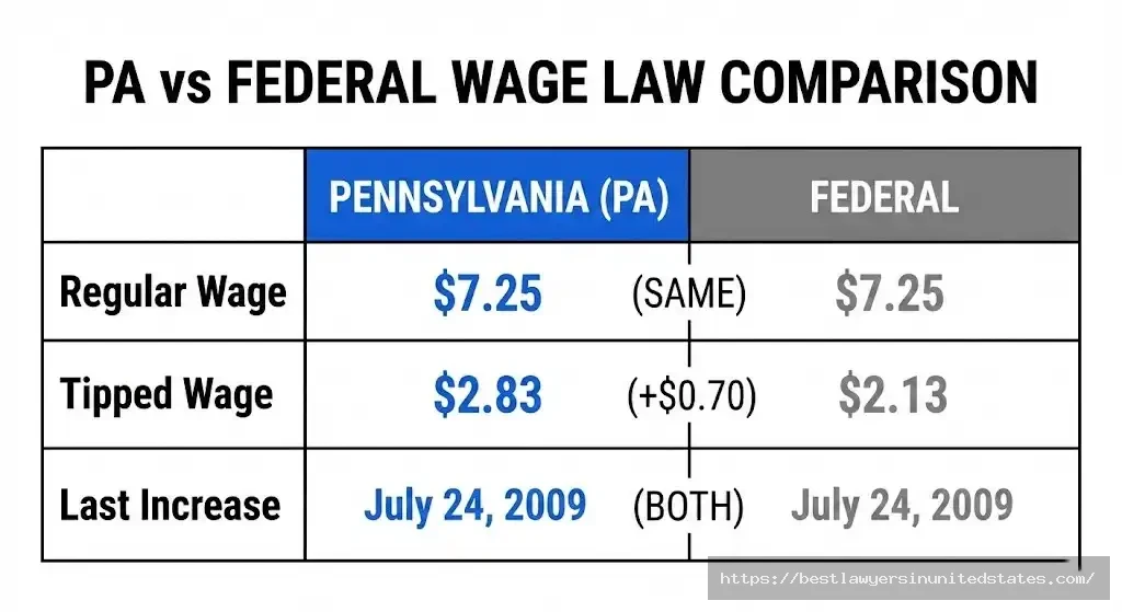 Comparison chart showing Pennsylvania and federal minimum wage rates matching at $7.25 with PA tipped wage higher