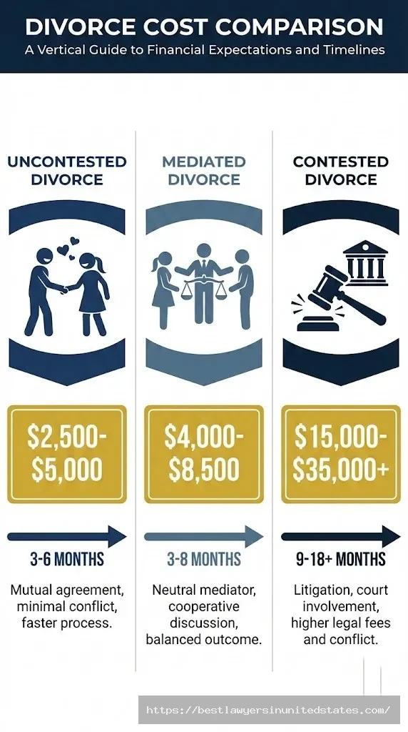 Comparison infographic of uncontested, mediated, and contested divorce costs and timelines in Rhode Island
