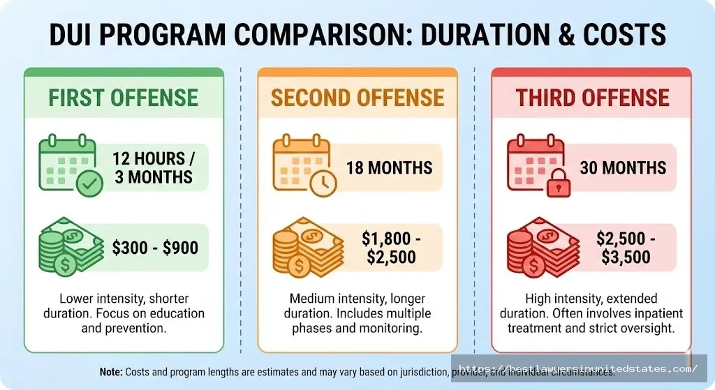 Comparison of DUI education program lengths and costs for first, second, and third offenses