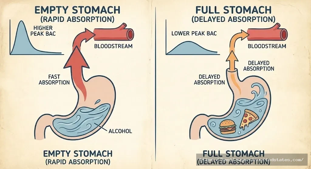 Comparison of alcohol absorption rates with empty stomach versus full stomach showing delayed peak BAC