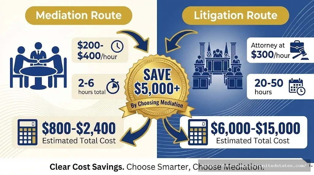 Comparison showing Nebraska divorce mediation costs $800-$2,400 versus litigation costs $6,000-$15,000, saving $5,000 plus