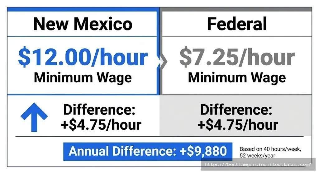 Comparison showing New Mexico minimum wage $12 versus federal minimum wage $7.25 with $4.75 difference