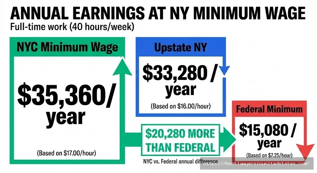 Comparison showing annual earnings at New York minimum wage versus federal minimum wage