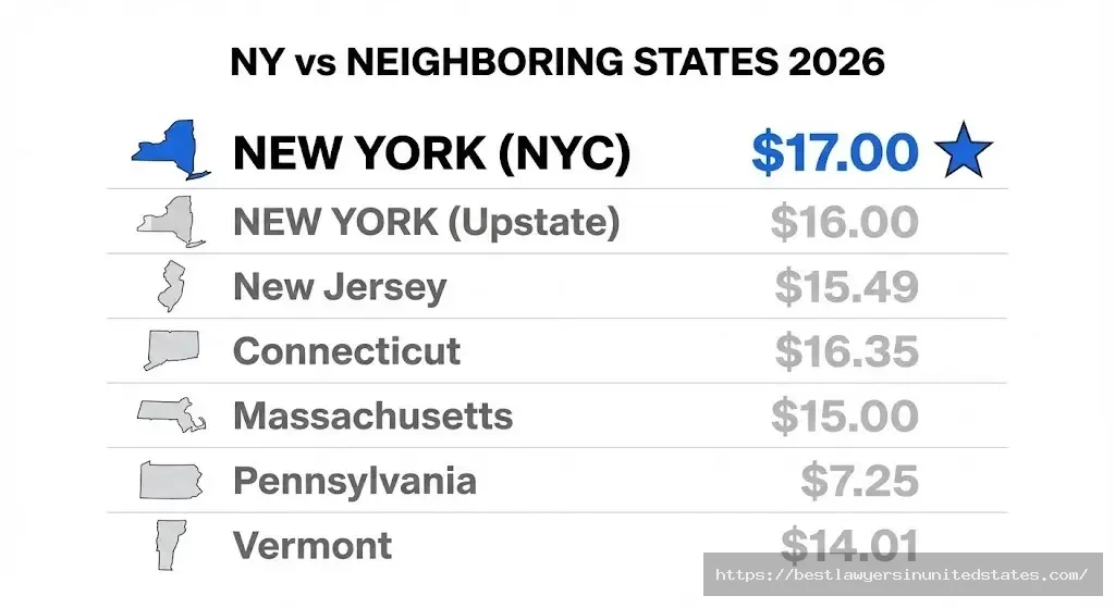 Comparison table showing New York minimum wage versus neighboring states for 2026