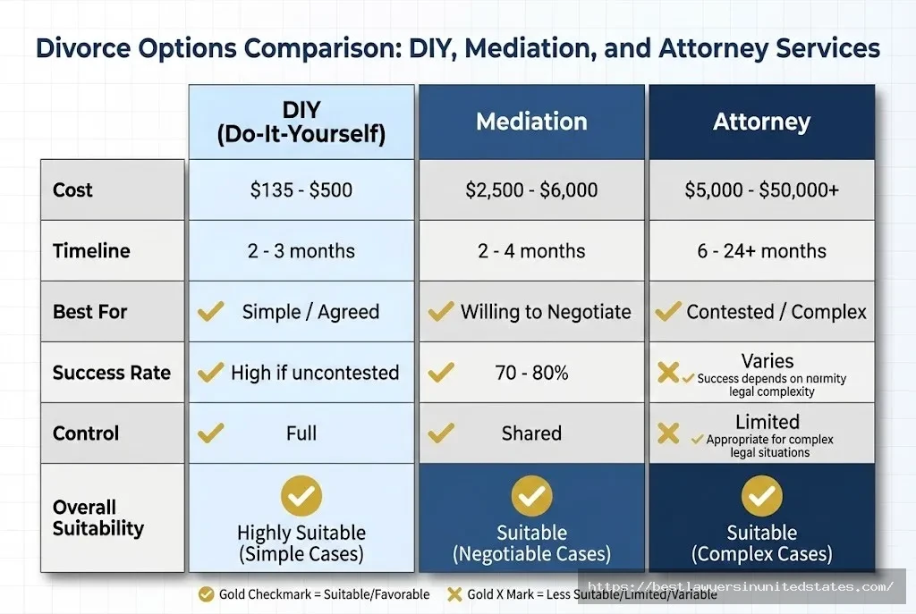 Comparison table showing costs and timelines for DIY divorce, mediation, and attorney representation in West Virginia with success rates