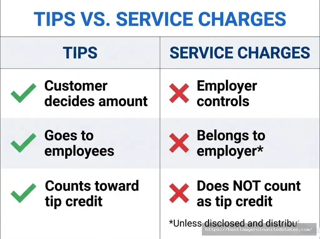Comparison table showing differences between tips and service charges under Maine law for 2026
