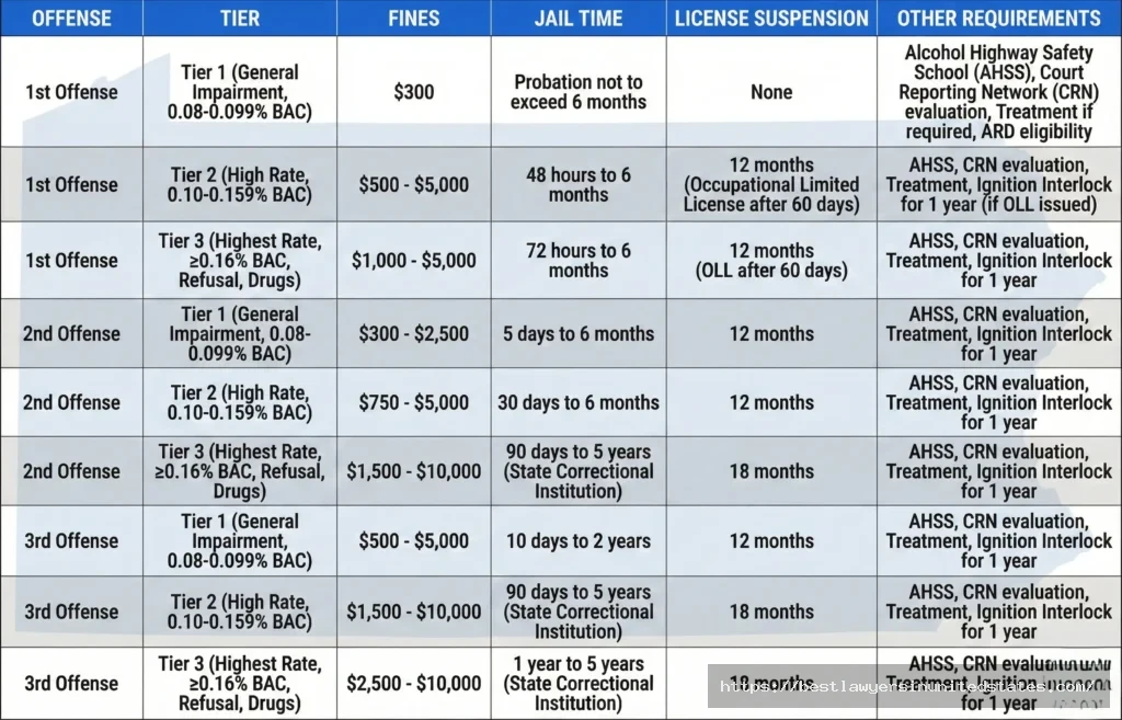Complete 2026 Pennsylvania DUI penalties showing fines, jail time and license suspension by offense tier