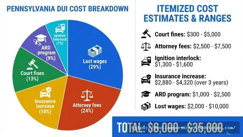 Complete Pennsylvania DUI cost breakdown - $8,000 to $35,000 including fines, attorney, insurance and fees