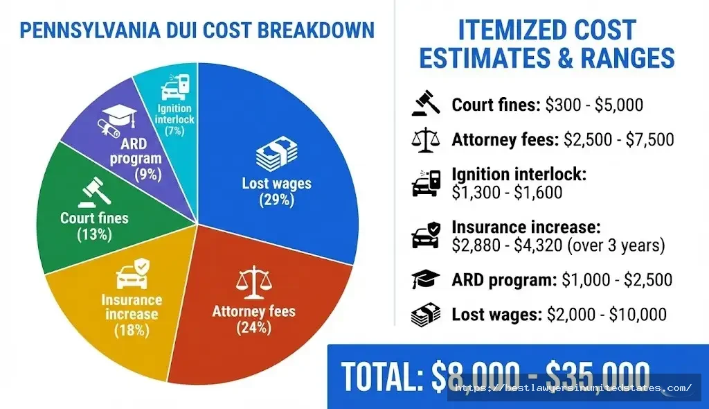 Complete Pennsylvania DUI cost breakdown - $8,000 to $35,000 including fines, attorney, insurance and fees