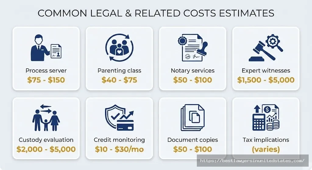 Comprehensive visual guide to hidden Montana divorce costs including expert fees, parenting classes, and administrative expenses