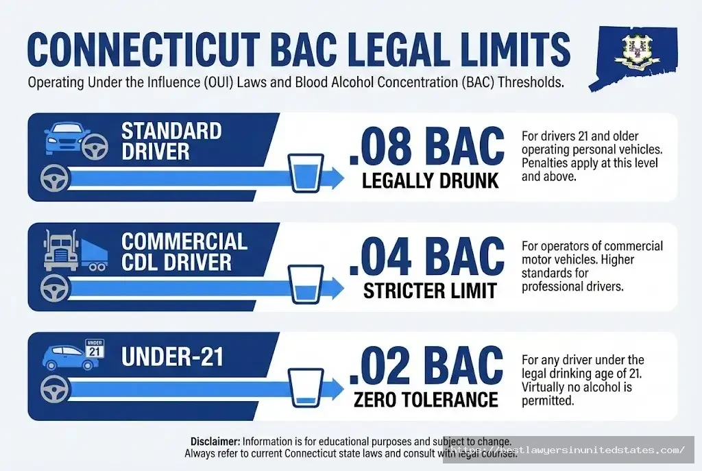 Connecticut BAC legal limits chart .08 standard, .04 CDL, .02 under-21 drivers