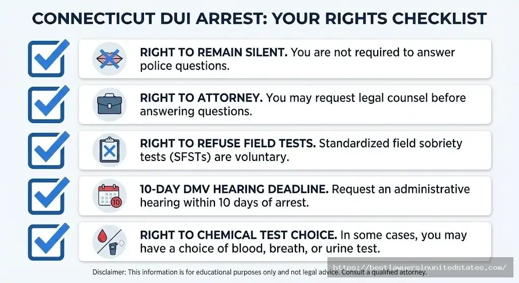 Connecticut DUI arrest rights checklist including silence, attorney, and DMV hearing deadline