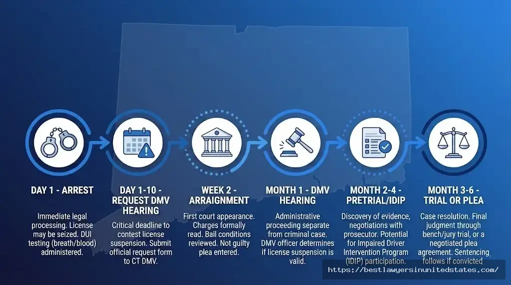 Connecticut DUI case timeline from arrest through court resolution showing key deadlines and hearings