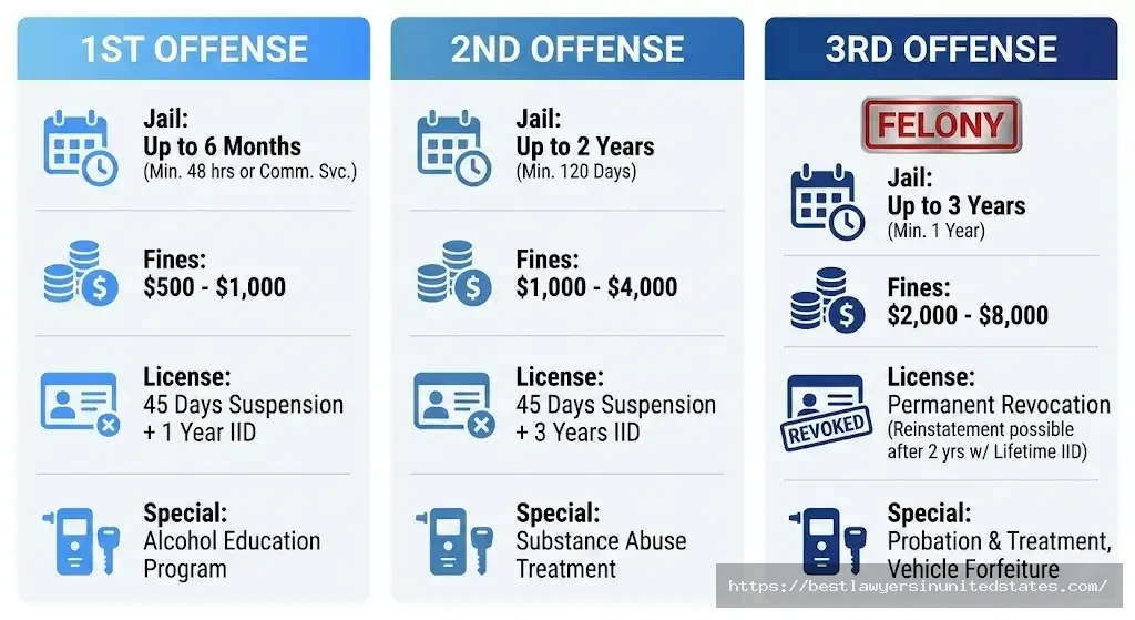 Connecticut DUI penalties comparison first, second, and third offense fines, jail time, and suspensions