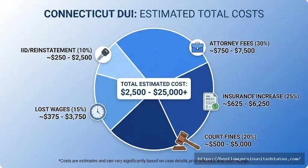 Connecticut DUI total cost breakdown showing fines, attorney fees, insurance, and lost wages