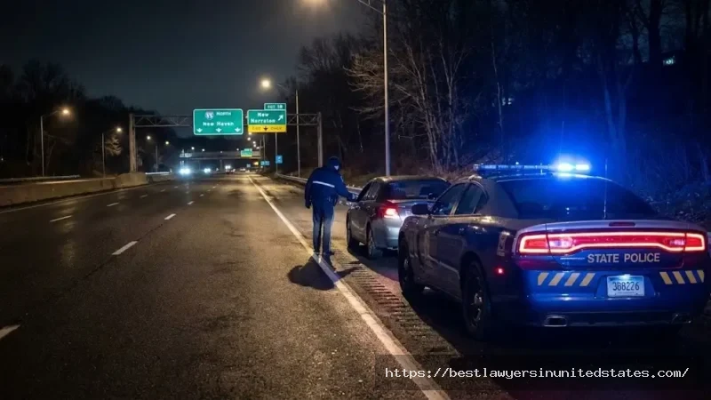 Connecticut State Police DUI traffic stop at night on I-95 highway with emergency lights