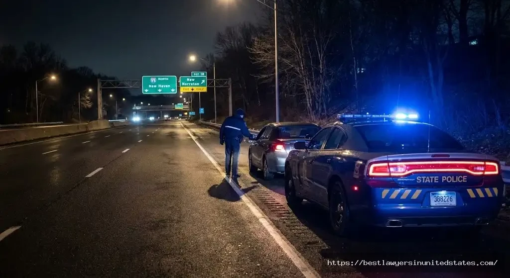 Connecticut State Police DUI traffic stop at night on I-95 highway with emergency lights