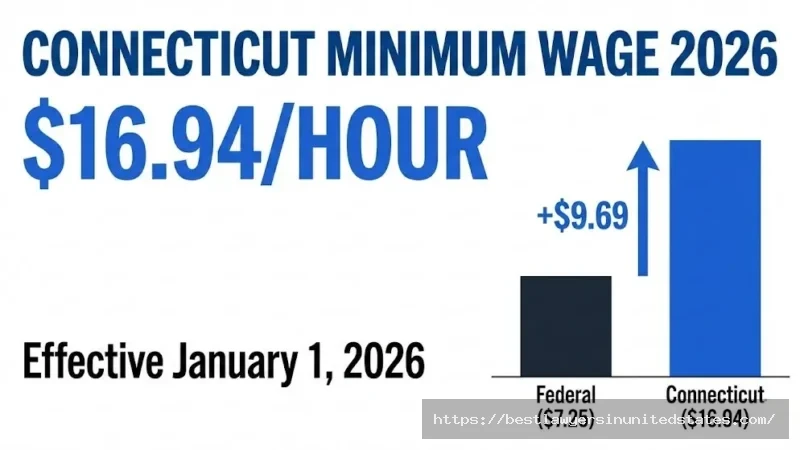Connecticut minimum wage 2026 rate $16.94 per hour compared to federal $7.25