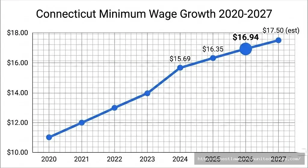 Connecticut minimum wage increase history 2020 to 2027 timeline showing growth to $16.94