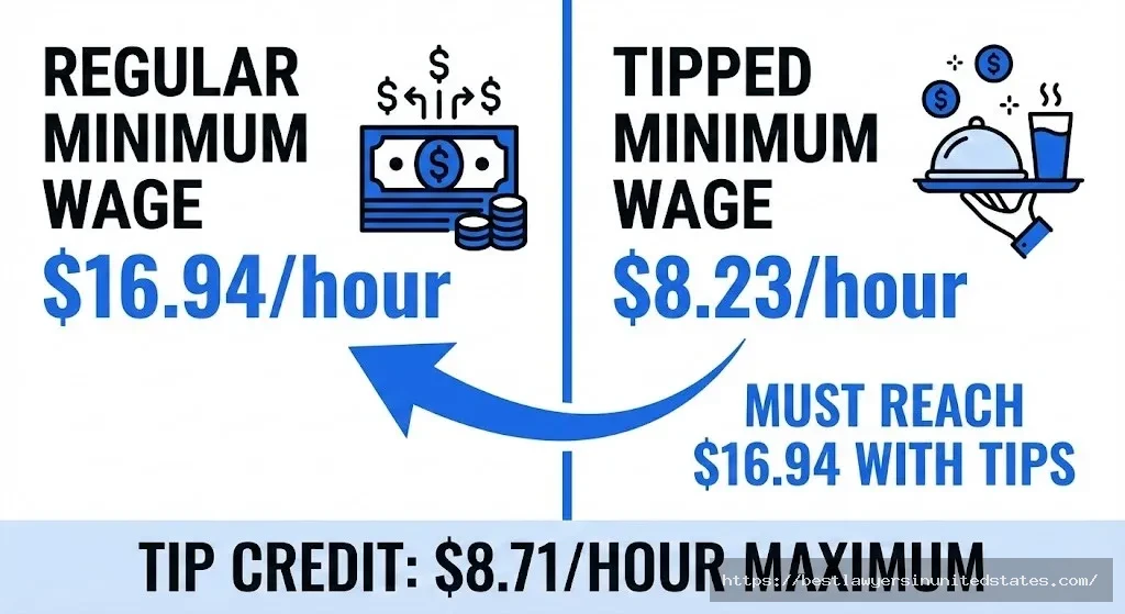 Connecticut tipped minimum wage $8.23 versus regular $16.94 with tip credit rules