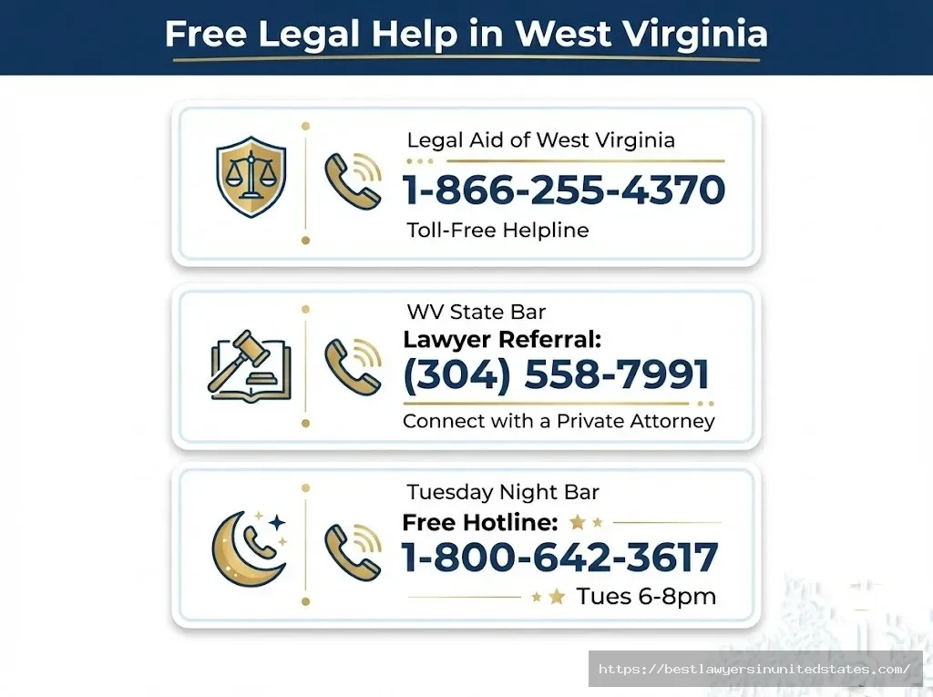 Contact information card for West Virginia free legal aid resources including Legal Aid phone numbers and State Bar lawyer referral service