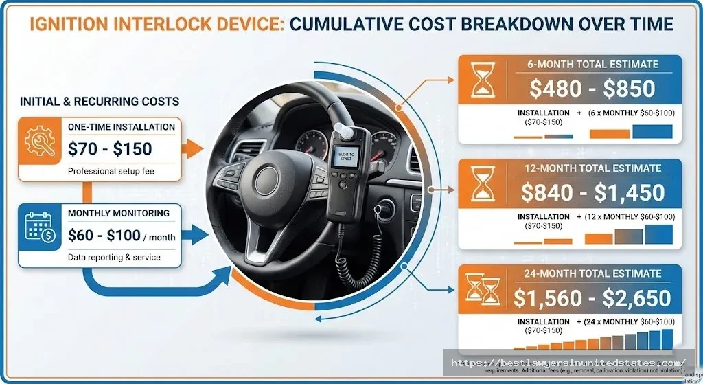 Cost breakdown of ignition interlock device showing installation and monthly monitoring fees