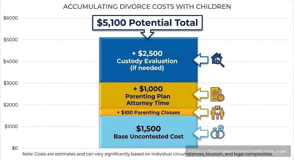 Cost breakdown showing additional $2,000-$5,000 expenses for Nebraska divorces with children including parenting classes and custody evaluations