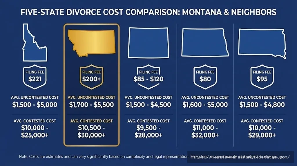 Cost comparison chart showing Montana divorce fees versus Idaho, Wyoming, North Dakota, and South Dakota filing costs