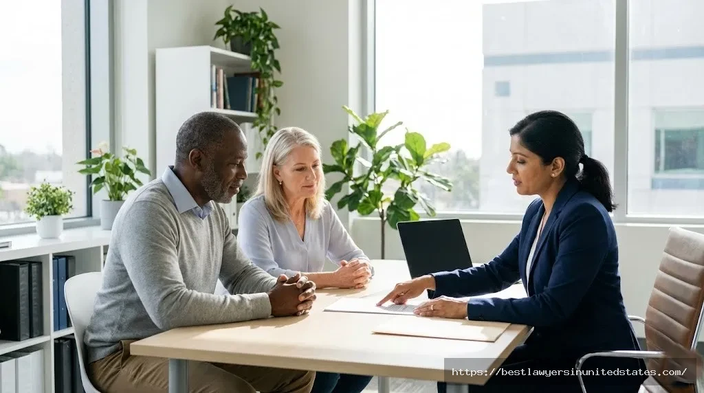 Couple consulting with divorce attorney in New Hampshire law office discussing legal representation options