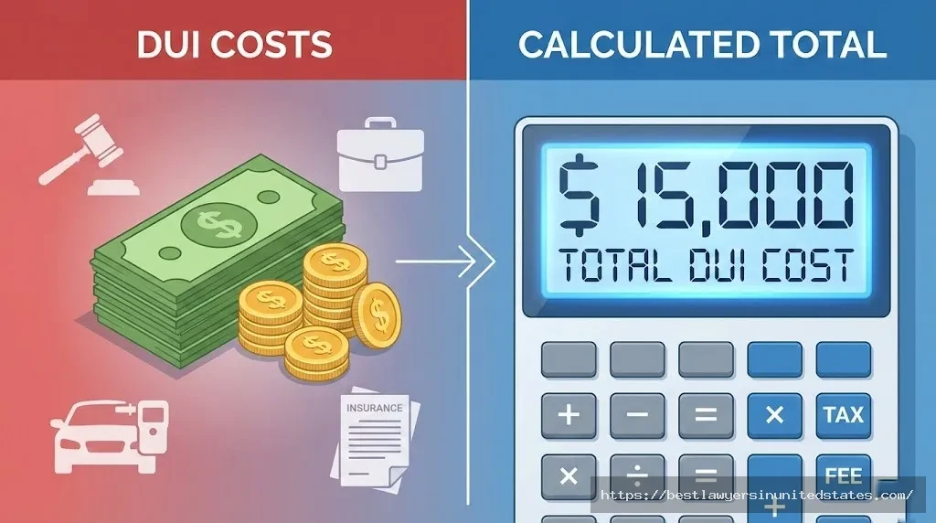 DUI cost calculator showing total expenses including fines, attorney fees, and insurance increases