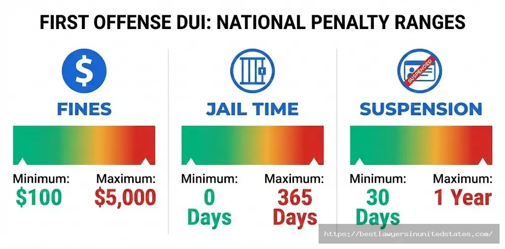DUI first offense penalty ranges by state fines jail time license suspension comparison 2026