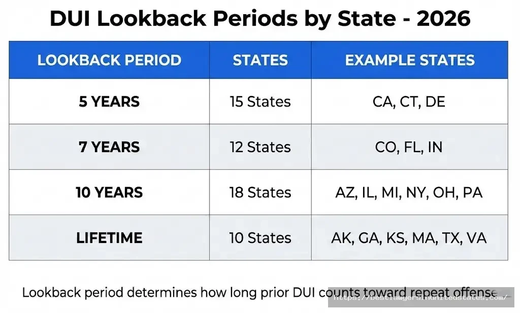 DUI lookback periods by state 5 year 7 year 10 year lifetime comparison table repeat offense 2026