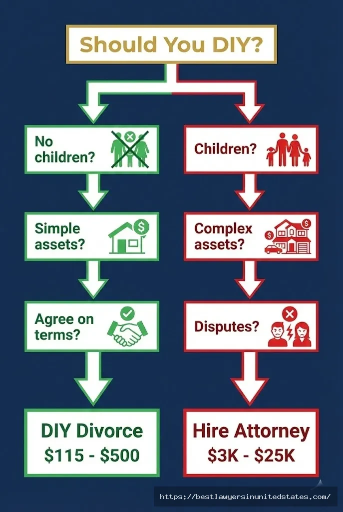 Decision flowchart helping South Dakota residents determine if DIY divorce is appropriate for their situation