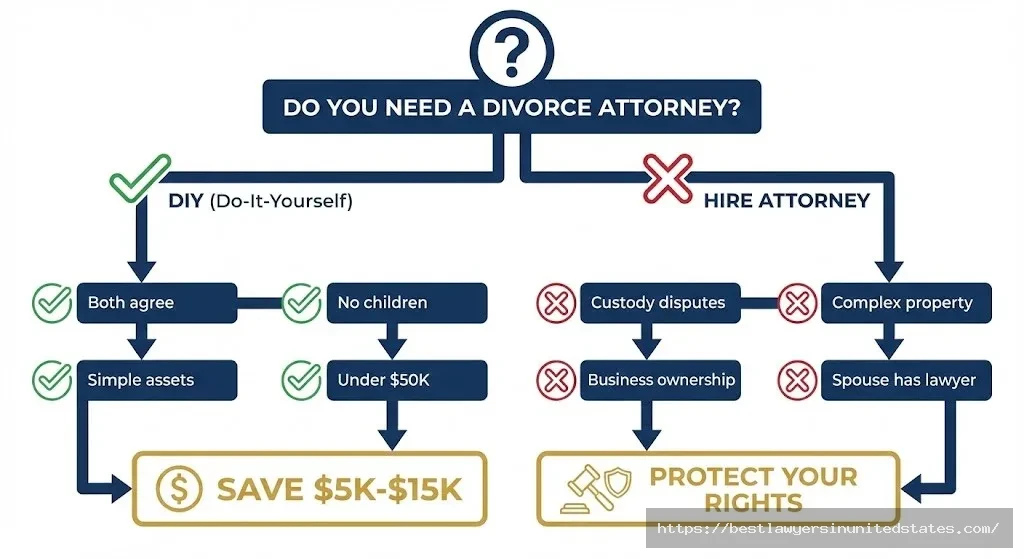 Decision tree flowchart helping determine whether to hire divorce attorney or file DIY in North Dakota